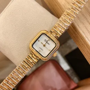 Elegant Women Square Quartz Watch Metal Alloy Bracelet Mother Of Artificial Pearl Dial Rhinestone Accents Water Resistant Wristwatch