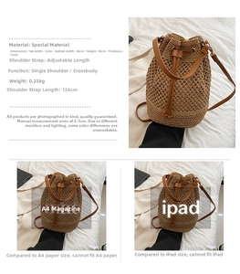 Size comparison and dimensions of this woven paper straw bucket bag with PU strap