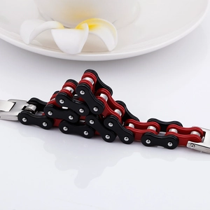 Men's hip-hop bicycle chain bracelet in bold black and red industrial steel design