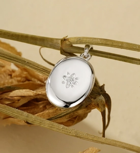 Macro detail of silver oval starburst pendant hanging on a natural twig branch