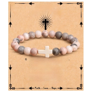Pink stone beads bracelet with white cross charm on a Confirmation message gift card