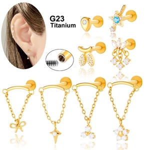 G23 Titanium Lip Ring Studs Zircon Internally Threaded Flat Back Chain Cartilage Earrings For Women Body Jewelry Luxury Piercing Accessories