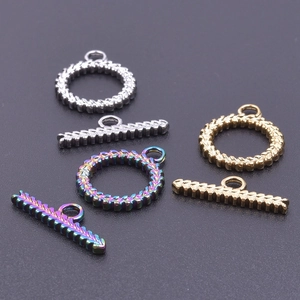 Detailed view of stainless steel OT toggle clasps in gold silver and rainbow colors