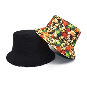 Reversible bucket hat with cute cartoon cat and colorful autumn maple leaf patterns