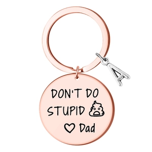 Rose gold stainless steel keychain with Don't Do Stupid Dad engraving and letter A charm