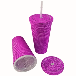 Detailed views of a purple rhinestone-studded tumbler with matching straw and lid