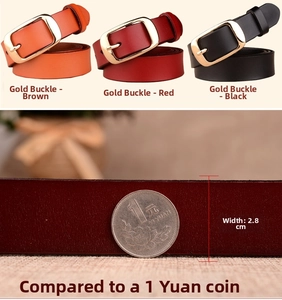 Detail of 2.8cm women's genuine leather belts in brown, red, and black with gold buckles