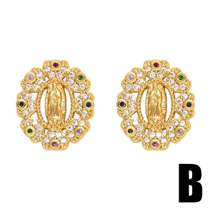 Golden Virgin Mary stud earrings with multi-color zircon halo on a clean white background