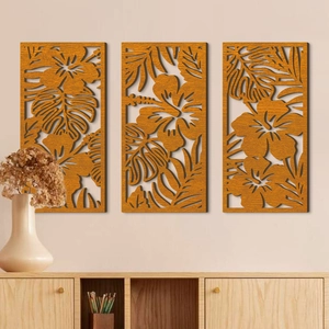 Lot de 3 décorations murales en bois moderne avec motifs de feuilles et fleurs découpés