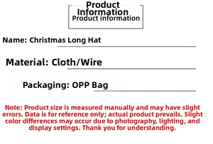 Christmas striped velvet long hat specifications showing fabric and wire material details