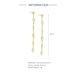 Detail of 925 sterling silver tassel earrings with AAAAA zirconia on white background