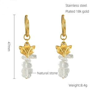 Detail of 18k gold plated stainless steel fox earrings with natural stone beads and 47mm length