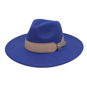Detail of royal blue wide brim wool fedora with a beige leather strap and silver buckle