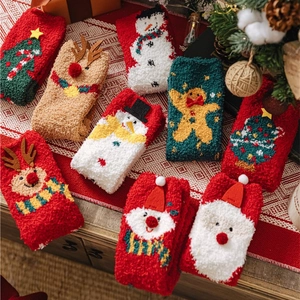 Christmas Socks Coral Fleece Thickened Warm Winter Sleep Floor Socks Cartoon Santa Reindeer Snowman Pattern For Women
