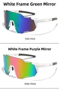 Detail of white cycling glasses with green and purple mirrored lenses and non-slip pads