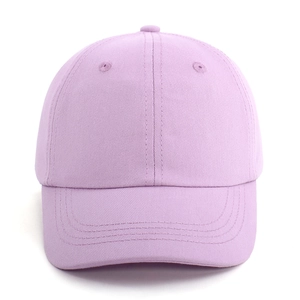 Close-up of light purple cotton twill baseball cap with reinforced stitched brim