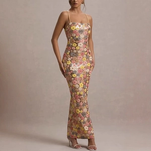 Slim fit maxi dress with colorful floral sequins and thin straps for party wear