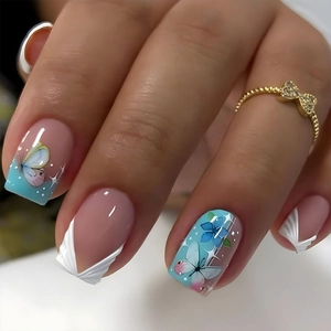 Chic long coffin press-on nails with blue butterfly, floral patterns and 3D wave textures