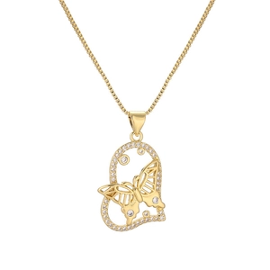 Elegant gold plated heart pendant necklace with zircon butterfly on white background