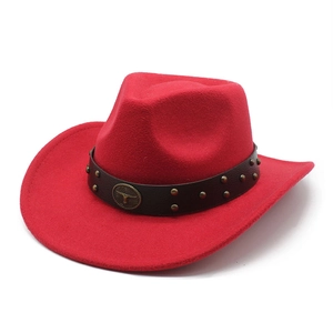 Dettaglio dell'emblema del toro vintage su cappello da cowboy rosso in feltro di lana