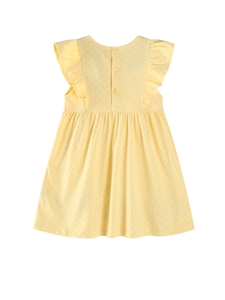 Girls yellow polka dot sleeveless dress with ruffle shoulders and back button detail