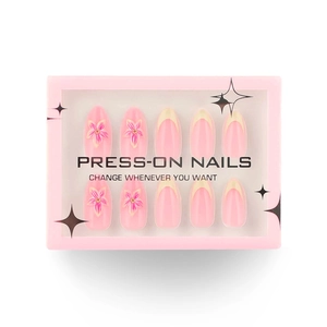 Faux ongles 3D en forme d'amande avec motifs floraux roses et style French manicure chic