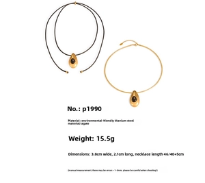 Detailed specs of titanium steel necklace with agate drop pendant and leather cord options