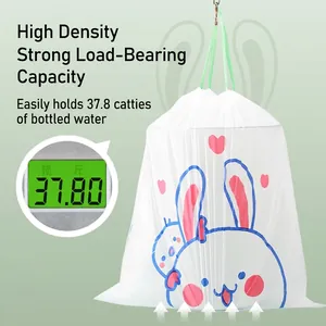 Thick drawstring trash bag with rabbit print showing heavy-duty 18.9kg load capacity