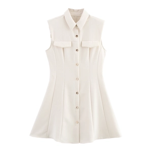 Sleeveless Mini Dress With Padded Shoulders Lapel Collar Gold Buttons Elegant Commute High Waist Polyester For Women