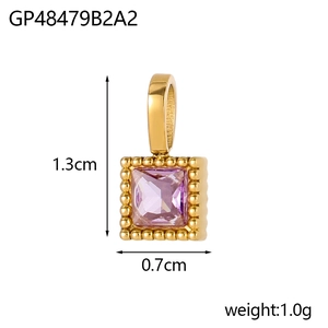 Detail of square purple zircon pendant in 18K gold plated frame with exact dimensions