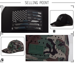 Detail of breathable laser-cut holes and PVC American flag patch on tactical baseball cap