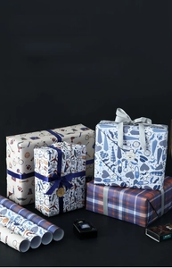 Detail of Father's Day gift wrapping paper set with tie, bicycle and grid patterns