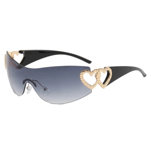 Y2K oversized wraparound sunglasses with gradient grey lenses and gold heart accents