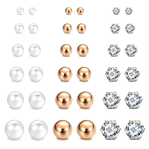 Rose gold pearl, ball, and zircon stud earring set in six sizes on white background