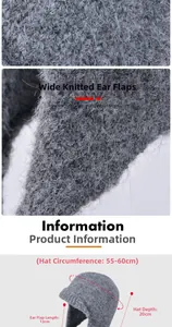 Size chart showing 55-60cm circumference and 13cm earflap length for grey knit hat