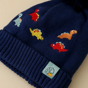 Bonnet en tricot bleu marine pour enfants avec broderie dinosaure et pompon chaud