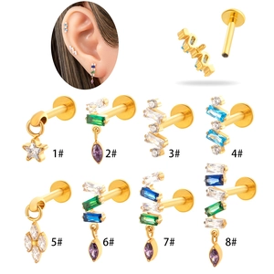 G23 Titanium Internal Thread Labret Stud Earring Cartilage Piercing With Water Drop Star Colorful Cubic Zirconia Unisex