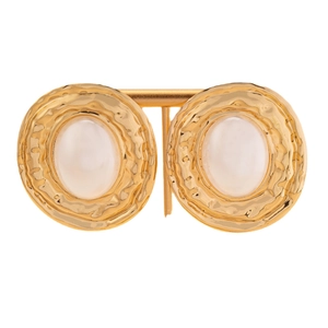 Vintage gold geometric hoop earrings featuring elegant white pearls on white background