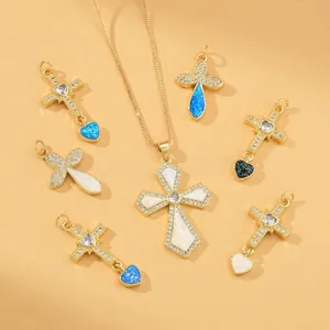 Cross Pendant Necklace 18K Gold Plated Copper With Artificial Opal And Cubic Zirconia Jewelry For Women Religious Fashion