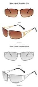 Front and 45-degree angle display of geometric hollow square sunglasses with rivet accents