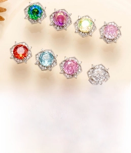 Macro detail of octagonal floral earrings with vibrant colorful cubic zirconia and silver posts