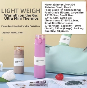 Mini stainless steel insulated pocket cups in 150ml and 250ml sizes shown in multiple colors