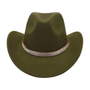 Detail of olive green cowboy hat featuring a sparkling rhinestone decorative band
