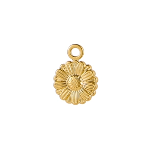 Detailed view of a gold daisy pendant accessory with a round loop and floral texture