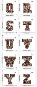 Detailed size chart for leopard print letter patches Q to Z with dimensions in cm and inches