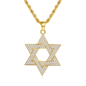 Iced out gold Star of David pendant necklace with shimmering crystals on rope chain