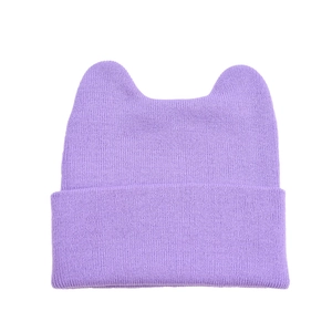 Detail of purple knitted cat ear beanie showing fine stitching and ribbed texture
