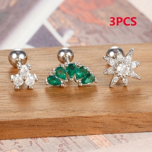 Three-piece silver stainless steel cartilage earrings with green and white zircons