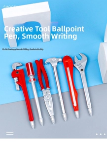 Detailed close-up of novelty tool-shaped ballpoint pens with realistic metallic finish