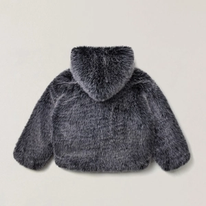 Macro detail of dark grey faux fur hooded jacket showing thick texture and plush material